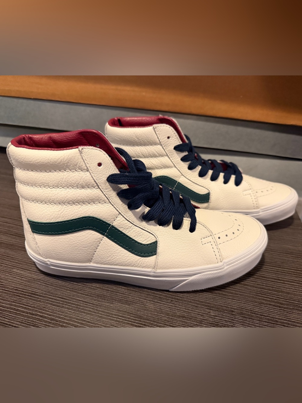 Vans White High-Top Sneakers with Green Stripe and Navy Laces